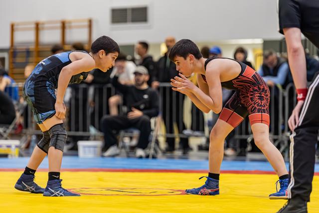 Two young wrestlers in blue and red singlets face off on a yellow mat, both crouched and focused.