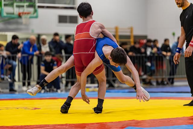 Wrestler in blue singlet being lifted and thrown by red opponent on colorful mat, referee watching nearby.