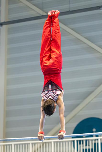 Athlete performing a handstand on parallel bars with straight vertical alignment in red tracksuit at indoor training facility