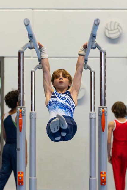 Athlete performs vertical hold on parallel bars with arms extended overhead, displaying strength and control during routine