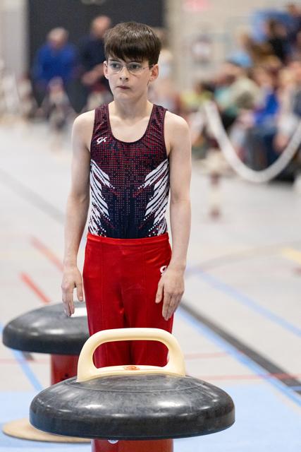 Young gymnast in burgundy and red uniform stands beside pommel horse apparatus, focused expression before routine
