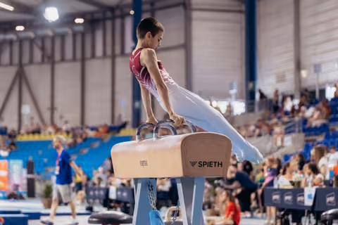 Young male gymnast stands focused on a Spieth pommel horse during a competitive gymnastics meet.