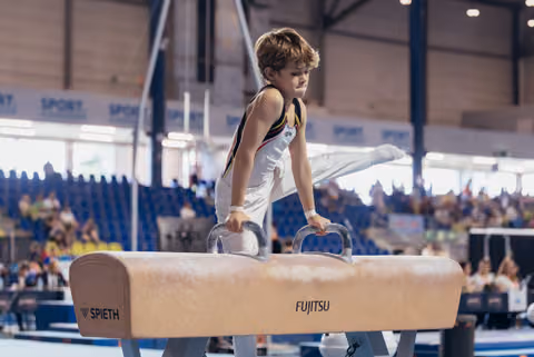Young male gymnast stands concentrated on a Spieth pommel horse during an indoor gymnastics event, gripping the handles.
