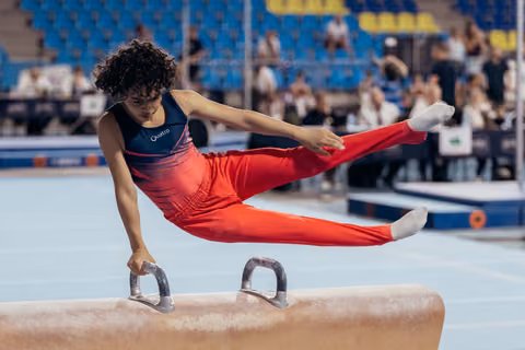 Young gymnast performs scissors on pommel horse, legs split wide, intense concentration during competition.