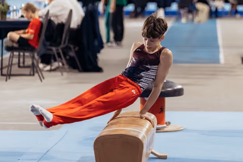 Young male gymnast performs a straddle hold on pommel horse, focused expression, at an indoor gymnastics event.