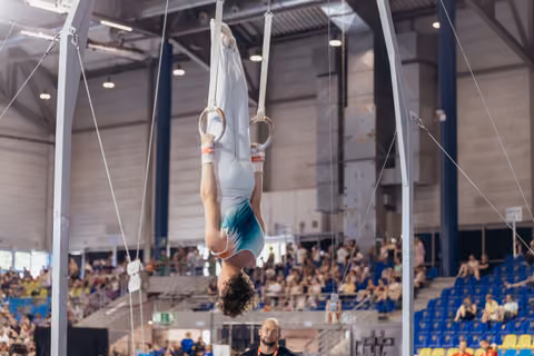 Gymnast performs an inverted hang on still rings, body straight and controlled, before a packed indoor arena audience.