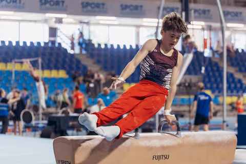 Young male gymnast grips pommel horse handles with intense focus, red pants, in a busy gymnastics arena.