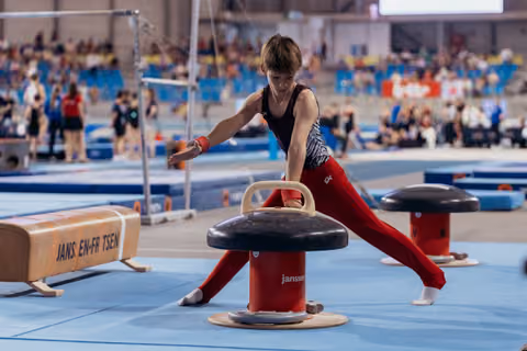 Young male gymnast performs a straddle on the pommel horse, focused and controlled, in a busy competition arena.
