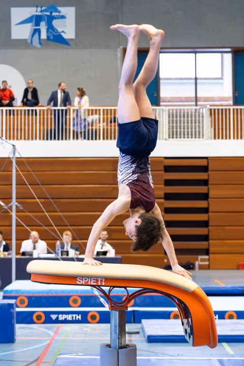 Athlete performs a handstand on the pommel horse during a routine, displaying strength and balance in the sports hall