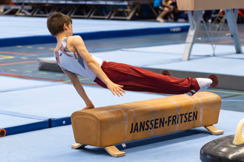 Young athlete demonstrates an L-sit position on pommel horse during training, showcasing strength and form on Janssen-Fritsen equipment