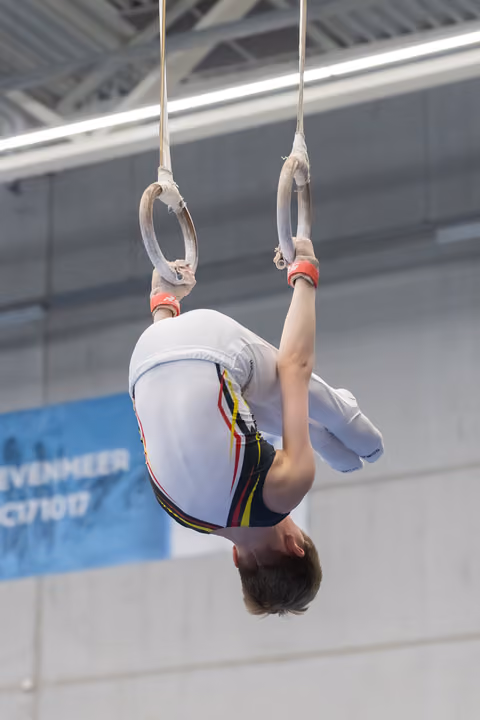 Gymnast performs inverted position on still rings, displaying strength and control during routine in indoor arena