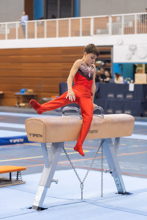 Young gymnast in red outfit executing a side support position on the pommel horse during training session