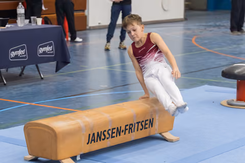 Young gymnast in burgundy and white leotard performs a balanced seated position on Janssen-Fritsen pommel horse