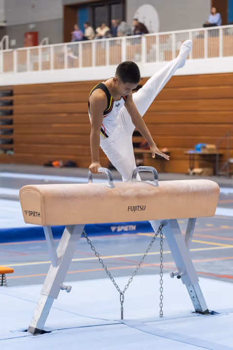Gymnast performs pommel horse routine with extended leg, demonstrating strength and control in white competition uniform