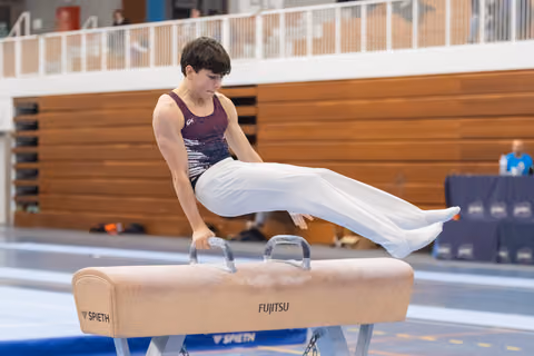Male gymnast executes a horizontal hold on pommel horse, demonstrating strength and control in a training facility