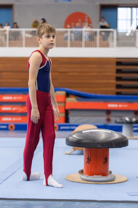 Young gymnast in blue and maroon leotard stands attentively beside a vault in a training facility, awaiting his turn