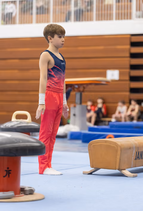 Young gymnast in red and blue uniform stands at attention beside pommel horse, displaying focused concentration