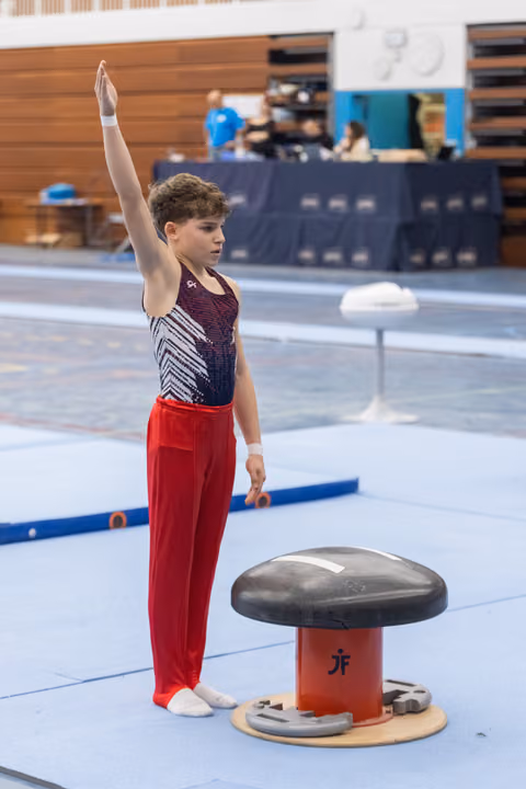 Young male gymnast stands at attention with one arm raised, preparing for pommel horse routine in training facility