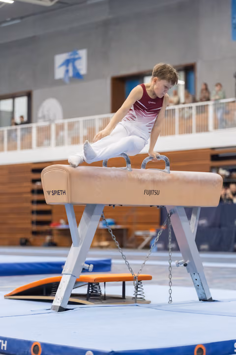 Young gymnast performs a scissor move on the pommel horse, demonstrating strength and control during his routine