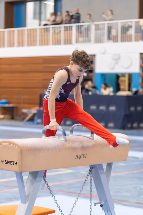 Young gymnast performing on pommel horse in red pants and purple leotard, focused expression during routine at indoor facility