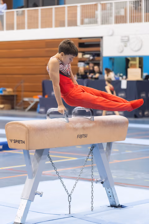 Young gymnast performs an L-sit hold on pommel horse, wearing red uniform, demonstrating strength and concentration