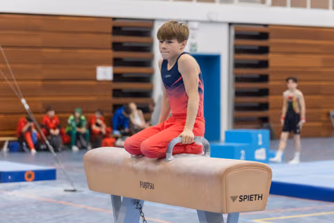 Young gymnast in red outfit executes pommel horse skill, focusing intently while teammates watch from background