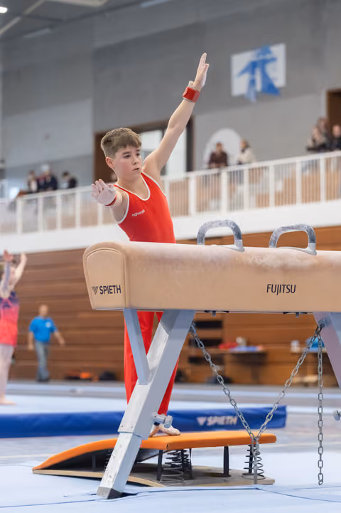 Young gymnast in red leotard completes pommel horse routine with raised arm, displaying pride in indoor gymnastics facility