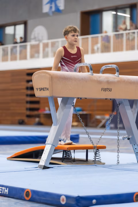 Young male gymnast in maroon leotard stands behind pommel horse, focused and ready before his routine in training facility