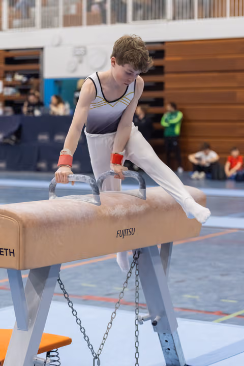 Young gymnast in grey and white leotard performs on pommel horse, focused concentration visible as he grips the apparatus