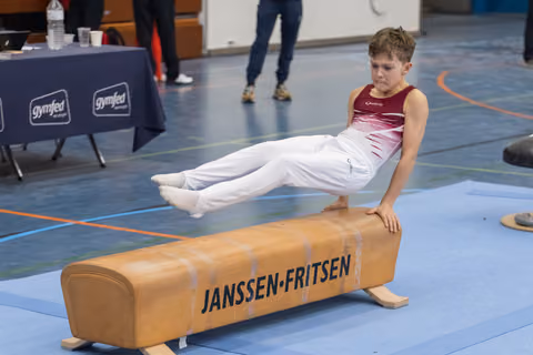 Young gymnast in maroon and pink leotard performs L-sit position on pommel horse, showing intense focus and control