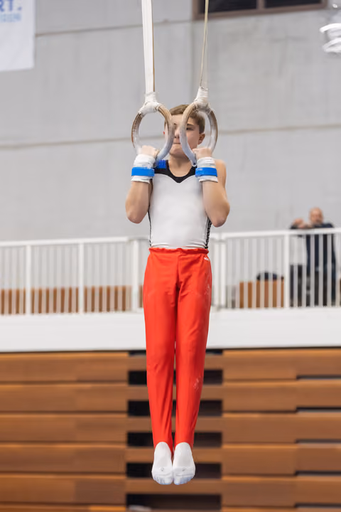 Young gymnast in white leotard and red pants hangs from rings, demonstrating strength and focus during training