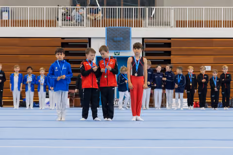Young male gymnasts stand on the floor mat during a medal ceremony, examining their medals, in a sports hall.