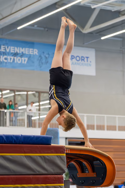 Young male gymnast performs a precise handstand on the vault, legs perfectly vertical, showing focused control in an indoor sports hall.