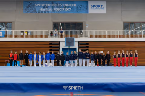 Young male gymnasts in team uniforms stand in a long lineup on the floor exercise mat at a Sport Vlaanderen event.