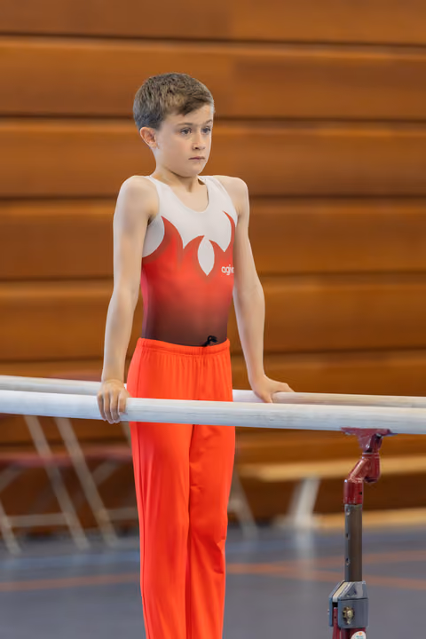 Young male gymnast stands composed at the parallel bars, expression serious and focused, wearing red competition leotard and pants.