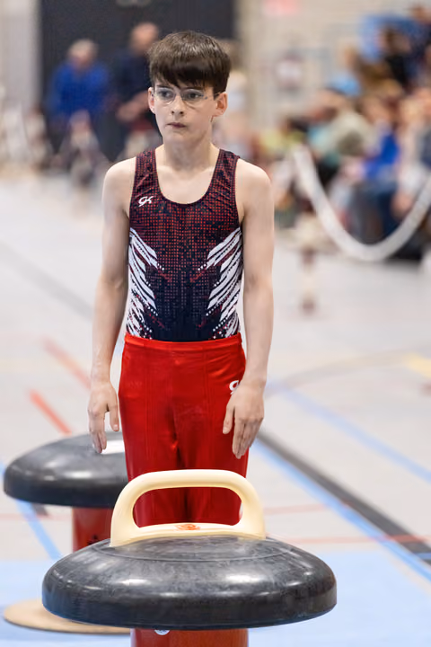 Young gymnast in burgundy and red uniform stands beside pommel horse apparatus, focused expression before routine