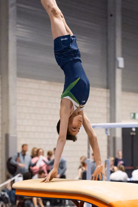 Male gymnast performs a handstand on the vaulting table during routine, arms extended, with spectators in background