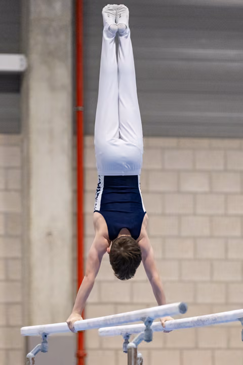 Male gymnast executes inverted handstand on parallel bars, displaying strength and control during routine