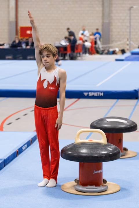Young gymnast in red uniform stands with arm raised in salute beside pommel horse on blue competition floor