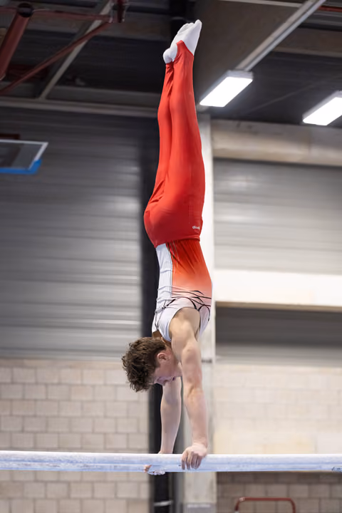 Male gymnast performs a vertical handstand on parallel bars, demonstrating strength and balance during training