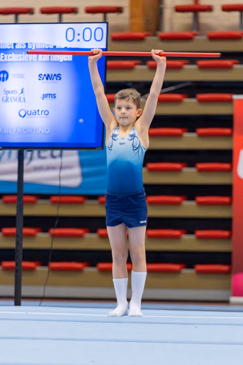 Young boy in blue gymnastics leotard stands tall, holding a red bar overhead with focused expression on gym floor.