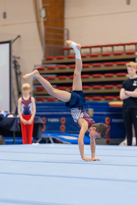 Young boy performs a one-armed handstand on the floor exercise mat, focused and balanced, during a gymnastics competition.