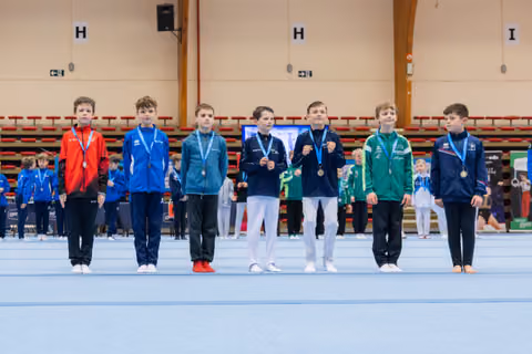 Seven young male gymnasts stand proudly on the floor mat displaying their medals at an indoor gymnastics competition.