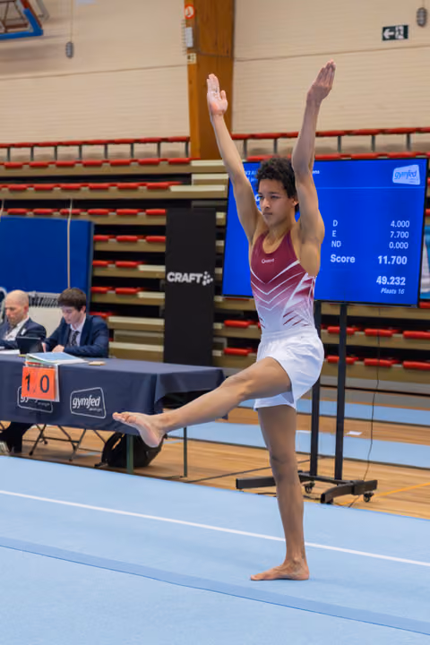 Young gymnast performs an arabesque on floor exercise, arms raised high, score of 11.700 displayed on screen behind.