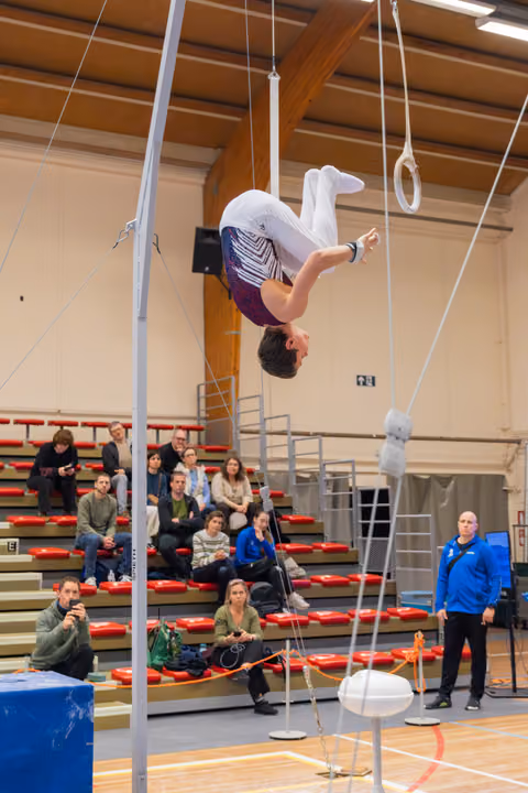 Young male gymnast hangs inverted mid-air above still rings apparatus, audience watching intently from red bleachers behind.