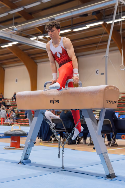 Young male gymnast in red leotard performs on pommel horse, focused expression, gripping handles during competitive routine.