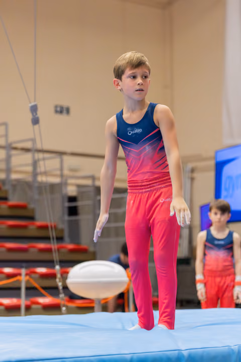 Young male gymnast in pink and navy leotard stands focused on blue mat, hands chalked, composing himself before routine.