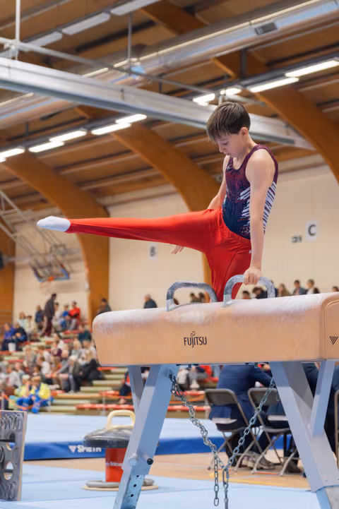Young male gymnast performs a leg split on the pommel horse, focused and controlled, in a packed gymnastics hall.