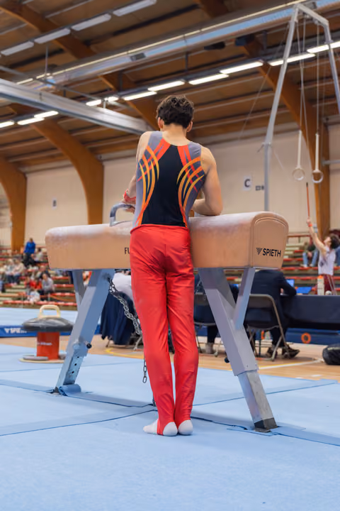Male gymnast in red pants stands at a Spieth pommel horse, back to camera, focused before his routine.